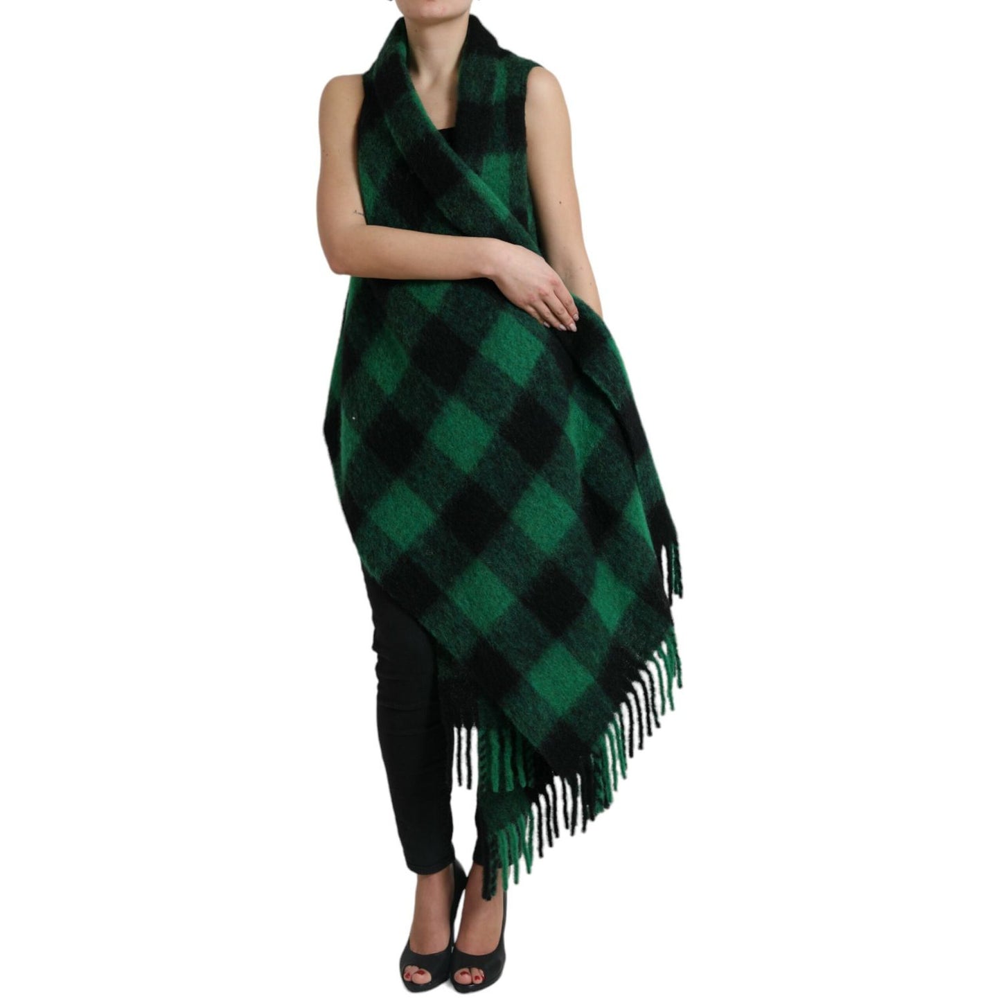 Dolce & Gabbana Black Green Buffalo Check Poncho Coat Jacket 1728,67345645728,Black and Green,Clothing,Coats - Jackets & Coats - Clothing,Dolce & Gabbana,IT40|S,Jackets & Coats - Clothing,Jackets & Coats - Women - Clothing,Material: 28% Alpaca 28% Mohair