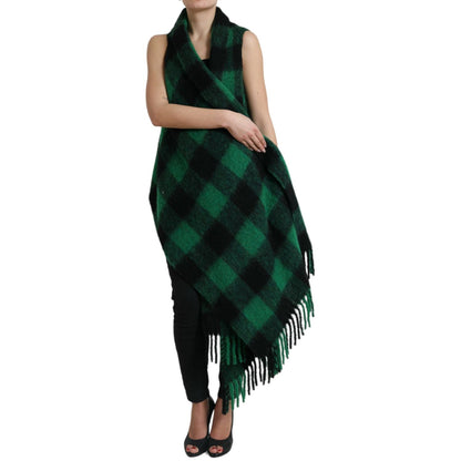 Dolce & Gabbana Black Green Buffalo Check Poncho Coat Jacket 1728,67345645728,Black and Green,Clothing,Coats - Jackets & Coats - Clothing,Dolce & Gabbana,IT40|S,Jackets & Coats - Clothing,Jackets & Coats - Women - Clothing,Material: 28% Alpaca 28% Mohair
