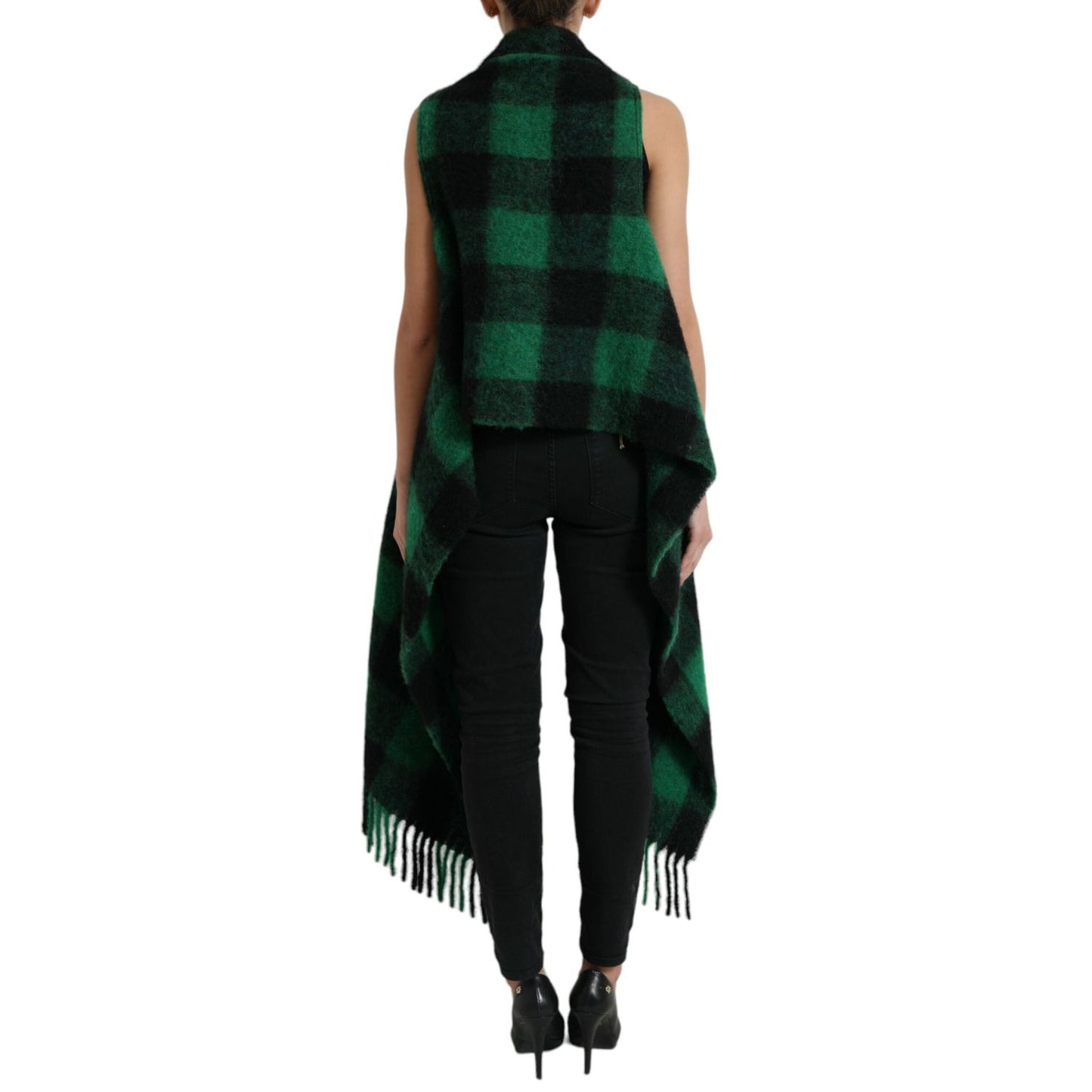 Dolce & Gabbana Black Green Buffalo Check Poncho Coat Jacket 1728,67345645728,Black and Green,Clothing,Coats - Jackets & Coats - Clothing,Dolce & Gabbana,IT40|S,Jackets & Coats - Clothing,Jackets & Coats - Women - Clothing,Material: 28% Alpaca 28% Mohair