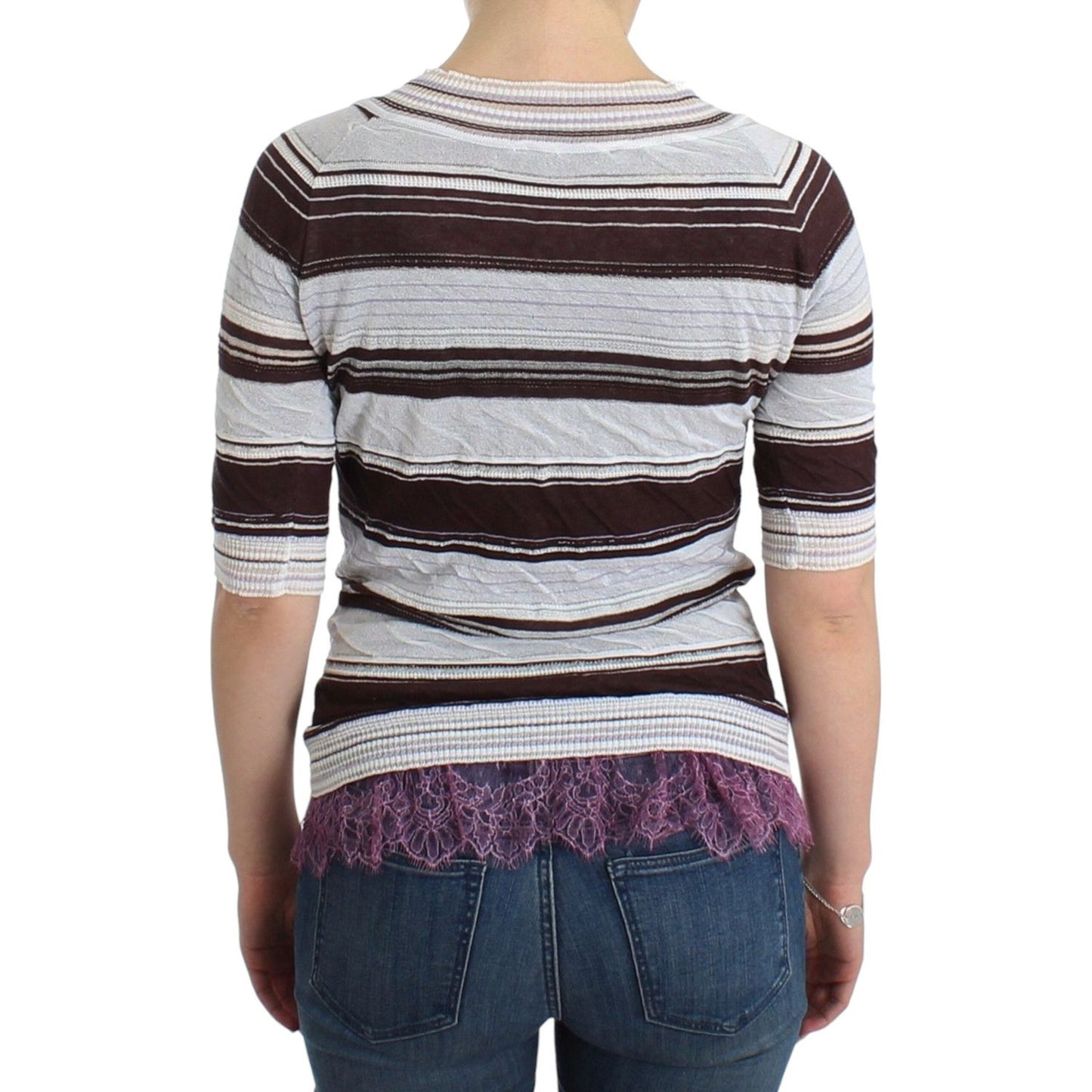 Ermanno Scervino Striped Lace V-Neck Short Sleeve Top Sweater Ermanno Scervino