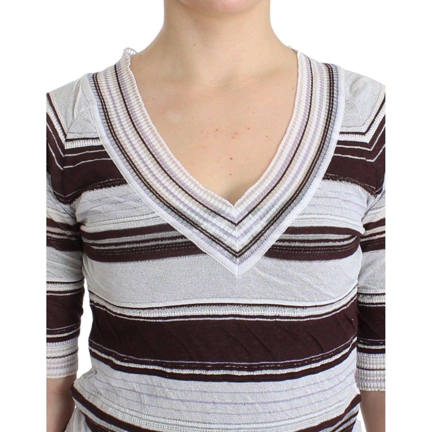 Ermanno Scervino Striped V-Neck Knit Top with Lace Hem Ermanno Scervino