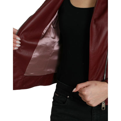 Dolce & Gabbana Bordeaux Leather Biker Coat Lambskin Jacket
