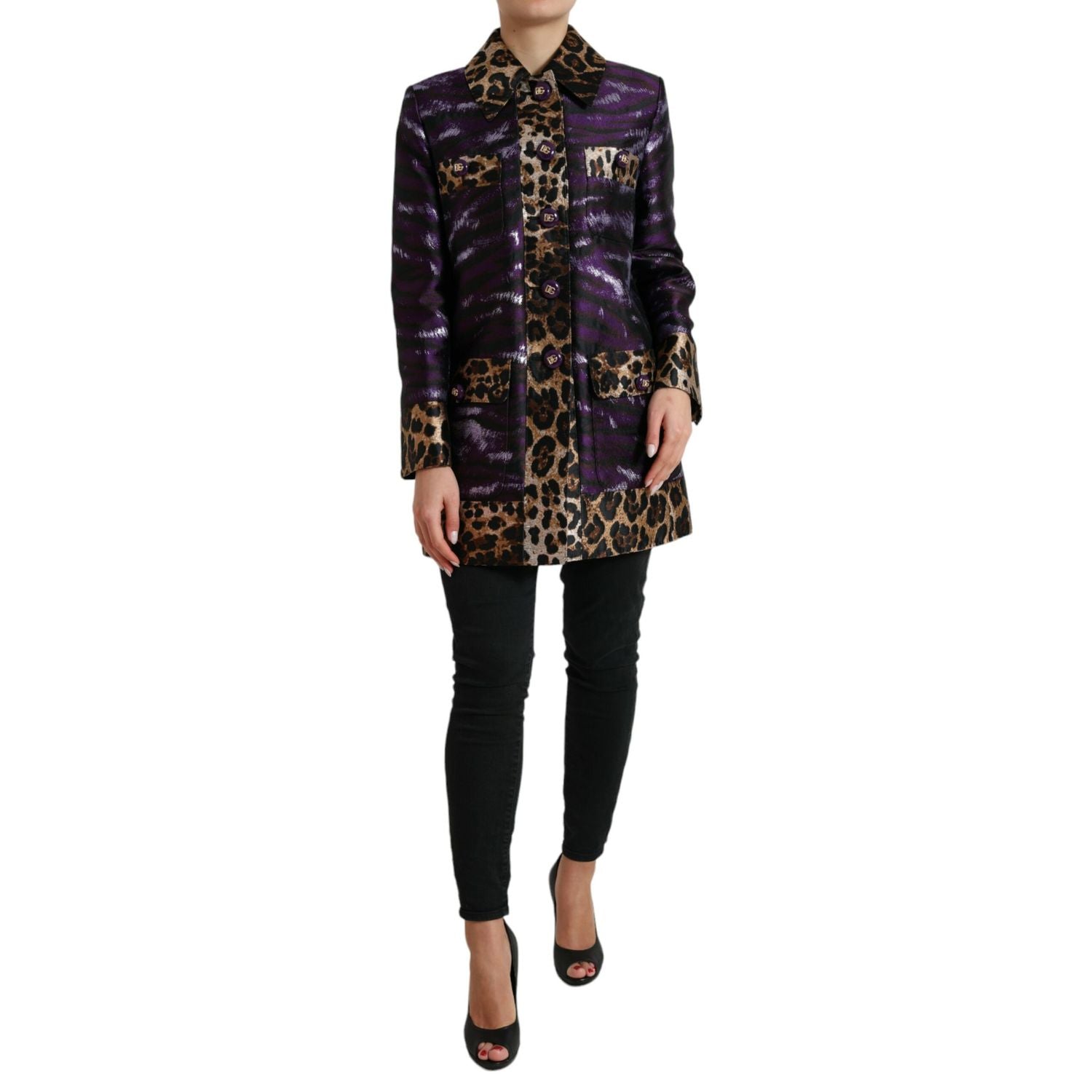 Dolce & Gabbana Purple Lamé Jacquard Tiger Print Coat Jacket