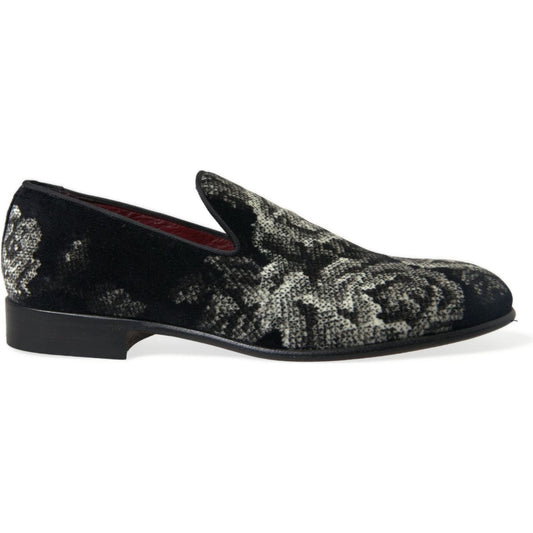 Dolce & Gabbana Black Floral Slippers Men Loafers Dress Shoes Dolce & Gabbana