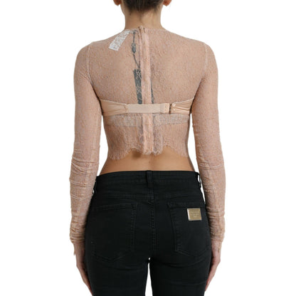 Dolce & Gabbana Beige Nylon Floral Lace Bustier Cropped Top