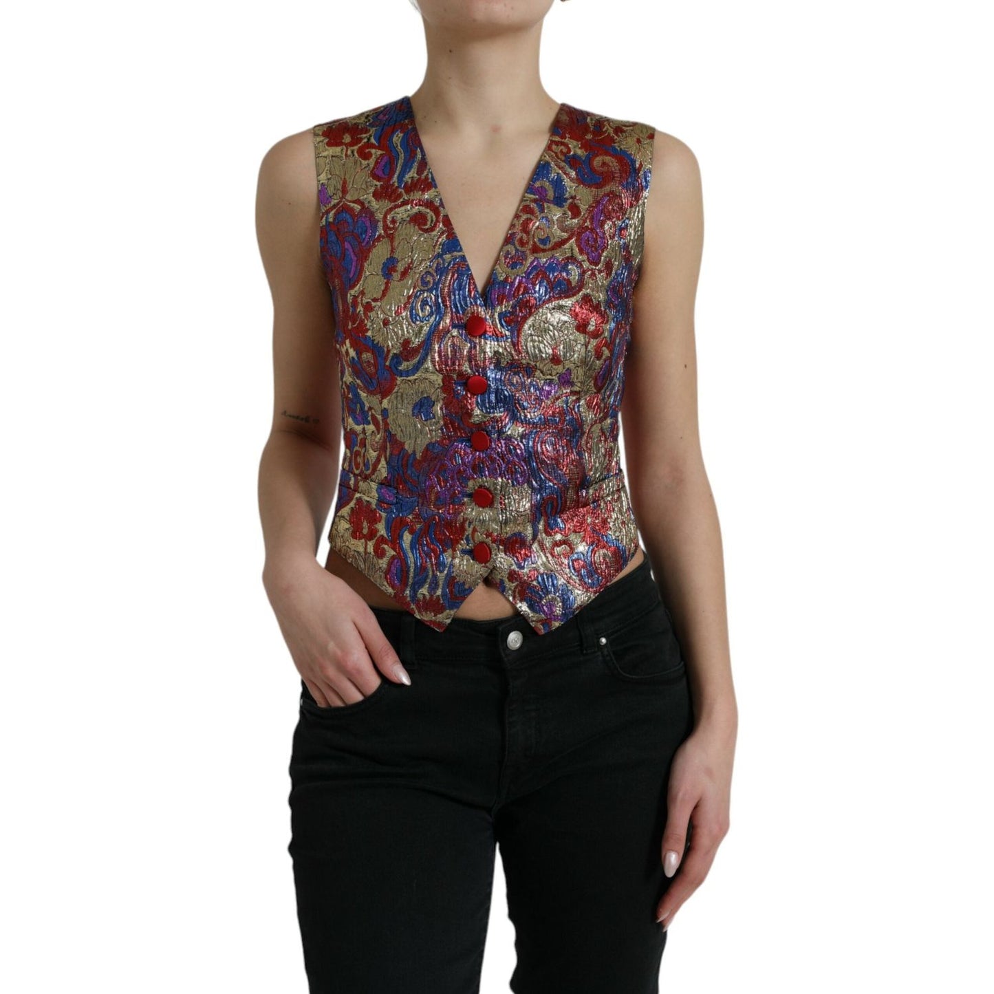 Dolce & Gabbana Multicolor Jacquard Button Waistcoat Vest Top Dolce & Gabbana