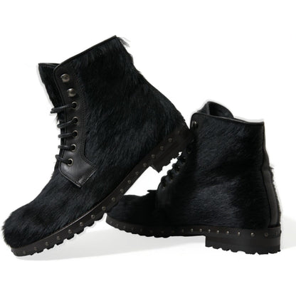 Dolce & Gabbana Black Pony Style Leather Mid Calf Boots Shoes