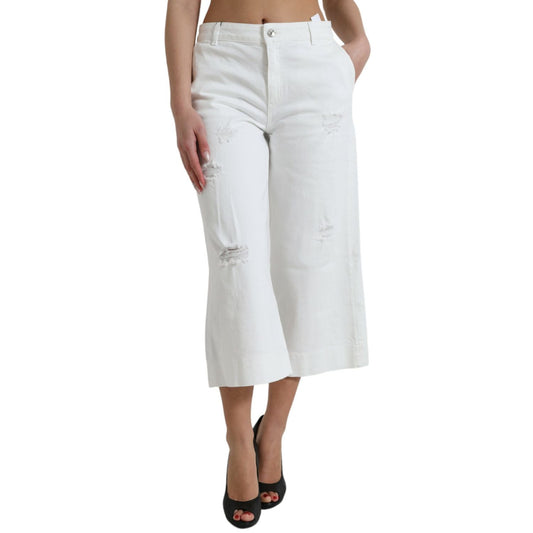 Dolce & Gabbana White Cotton Cropped Wide Leg Denim Jeans