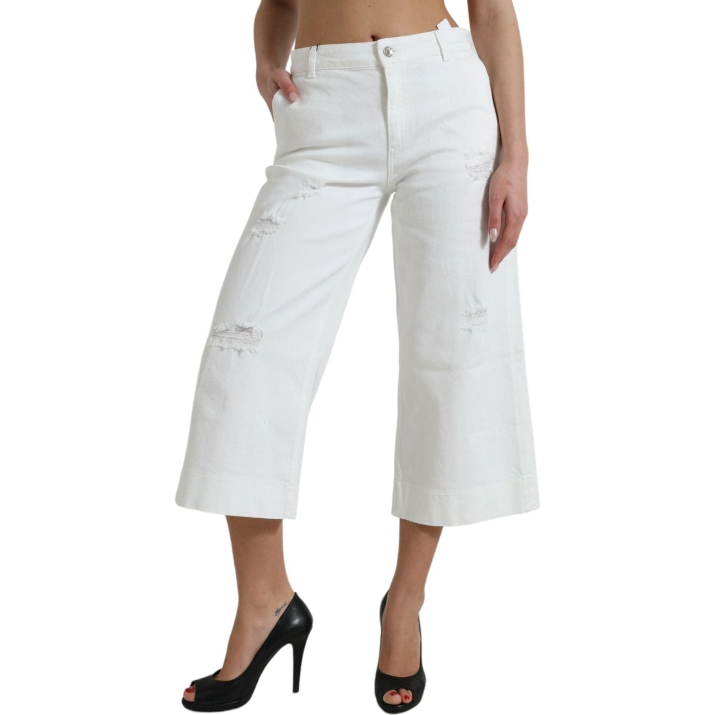 Dolce & Gabbana White Cotton Cropped Wide Leg Denim Jeans