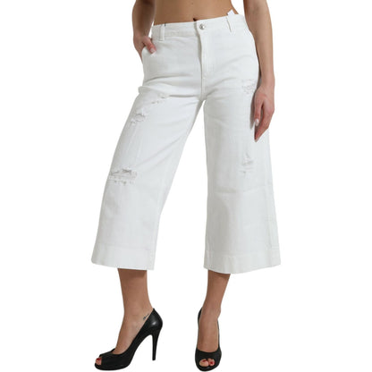 Dolce & Gabbana White Cotton Cropped Wide Leg Denim Jeans