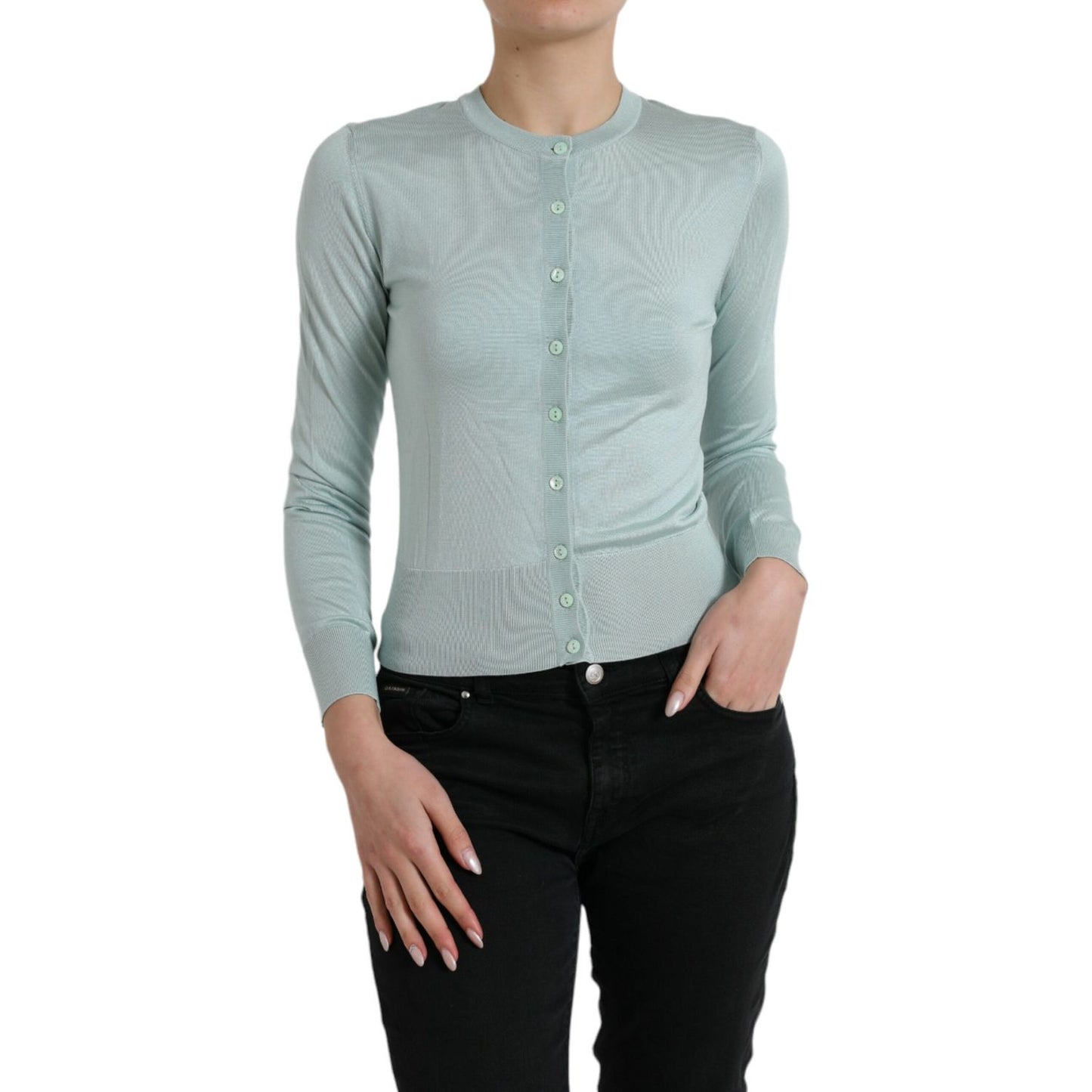 Dolce & Gabbana Light Blue Silk Crew Neck Cardigan Sweater