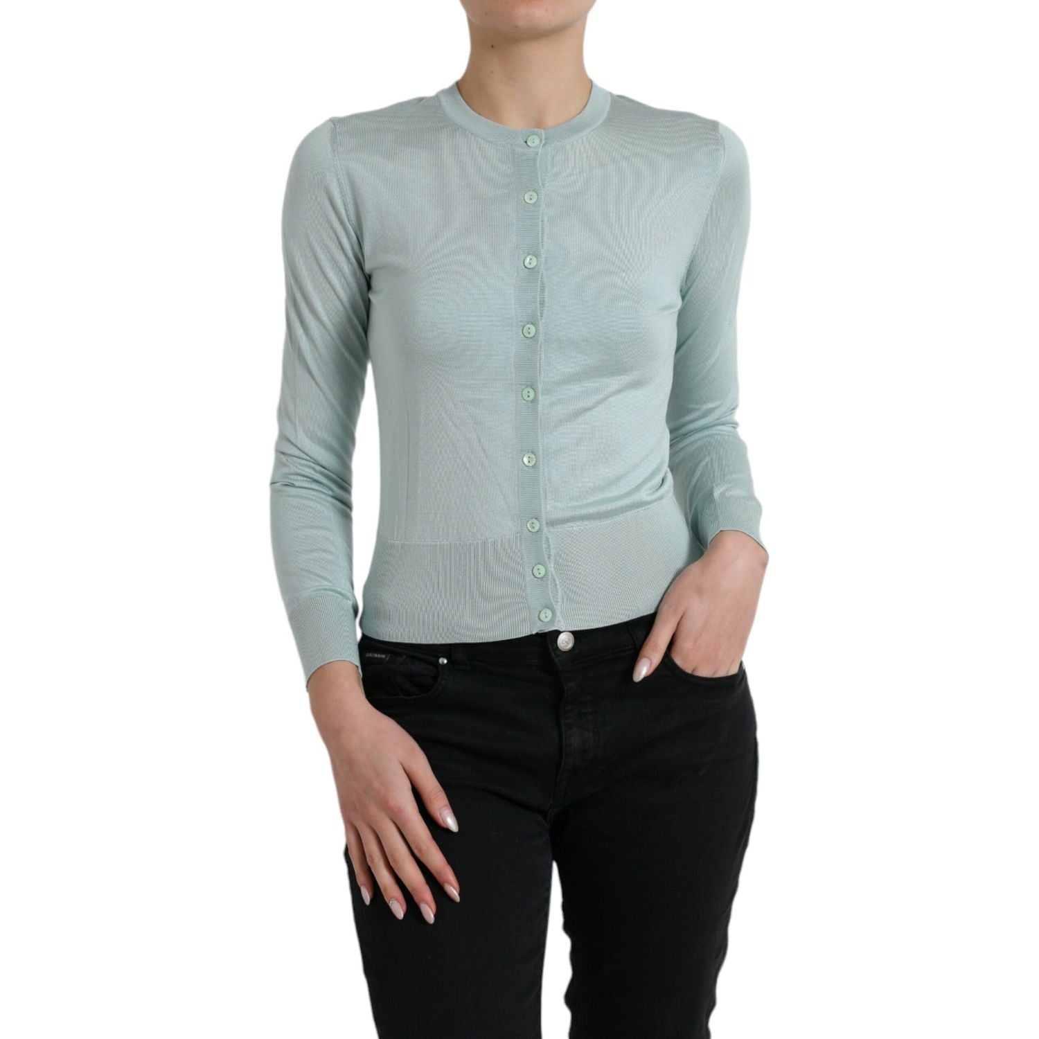 Dolce & Gabbana Light Blue Silk Crew Neck Cardigan Sweater
