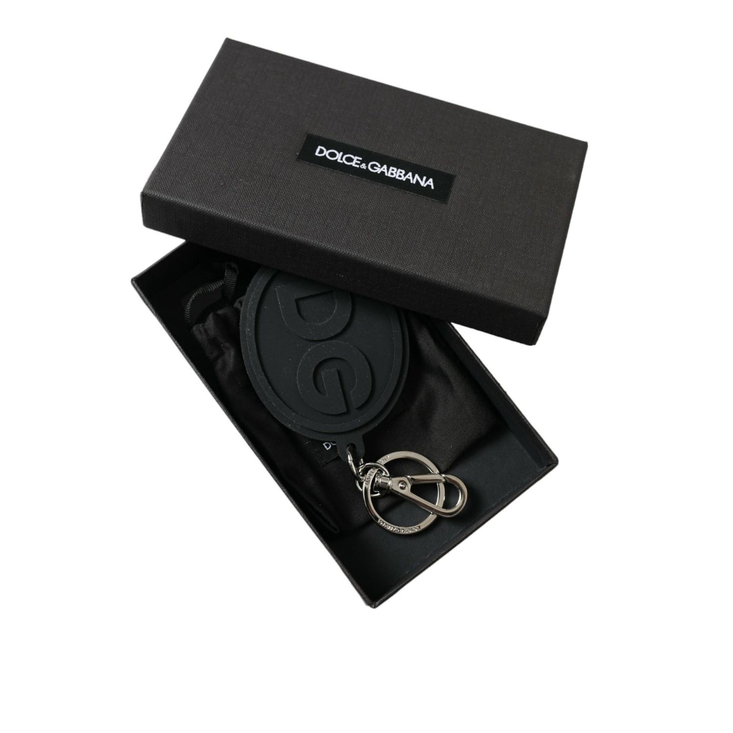 Dolce & Gabbana Black Rubber DG Logo Silver Brass Metal Keyring Keychain 1728,67345645728,Accessories,Black | Silver,Dolce & Gabbana,Keychains - Other Accessories - Accessories,Keychains - Women - Accessories,Material: Brass,New with tags,Other Accessorie