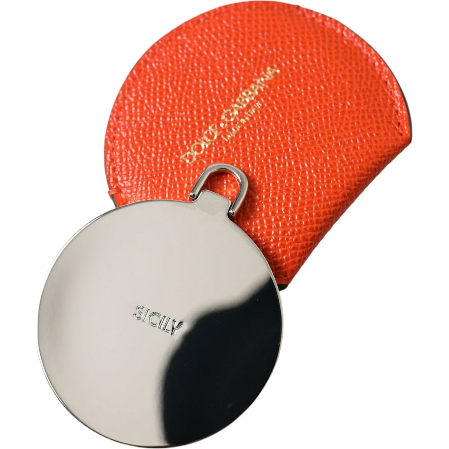 Dolce & Gabbana Orange Calfskin Leather Round Logo Hand Mirror Holder Dolce & Gabbana