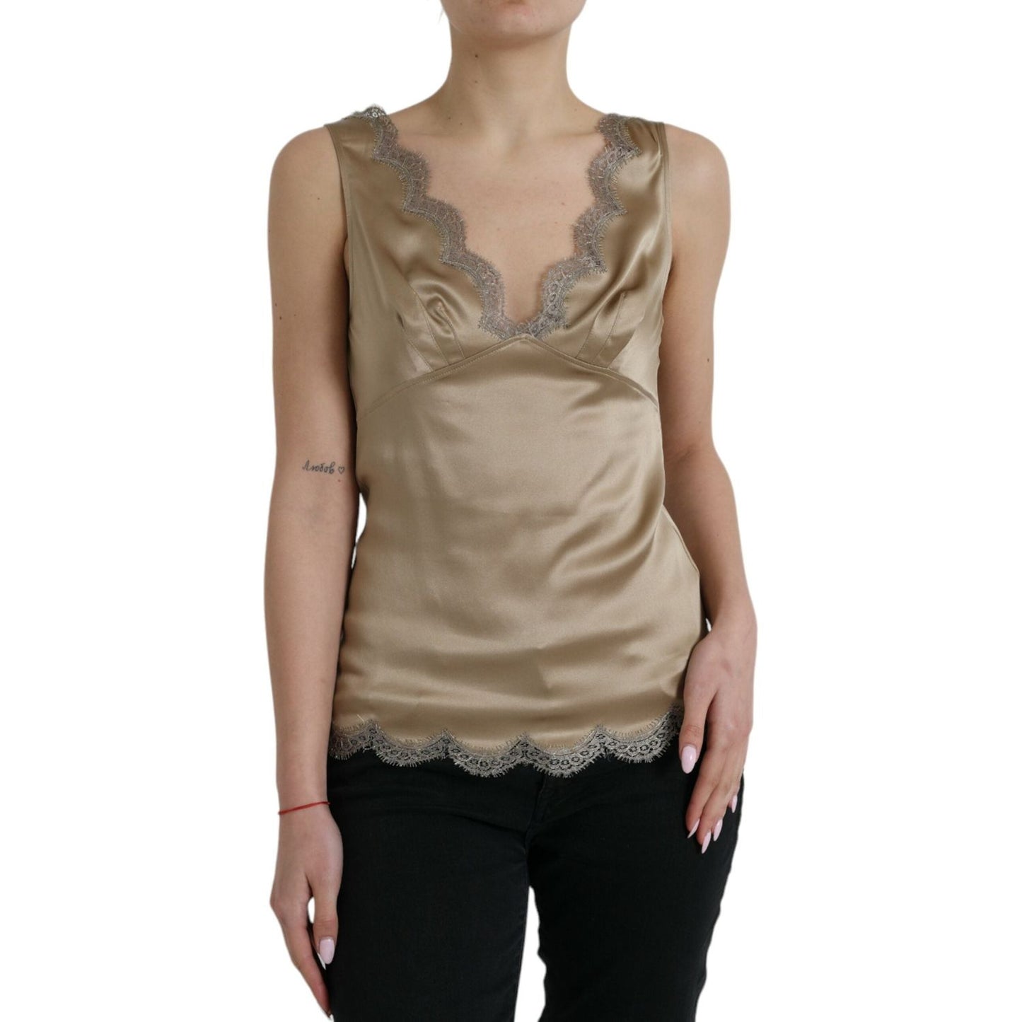 Dolce & Gabbana Brown Lace Trim V-neck Sleeveless Tank Top Dolce & Gabbana