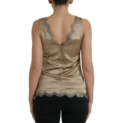 Dolce & Gabbana Brown Lace Trim V-neck Sleeveless Tank Top Dolce & Gabbana