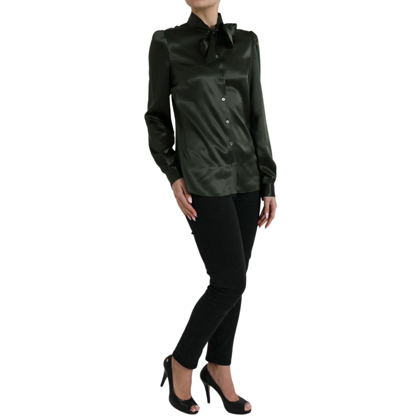 Dolce & Gabbana Gray Long Sleeves Ascot Collar Blouse Top