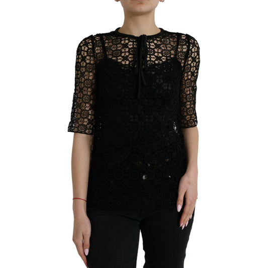 Dolce & Gabbana Black Floral Lace Short Sleeves Blouse Top Dolce & Gabbana