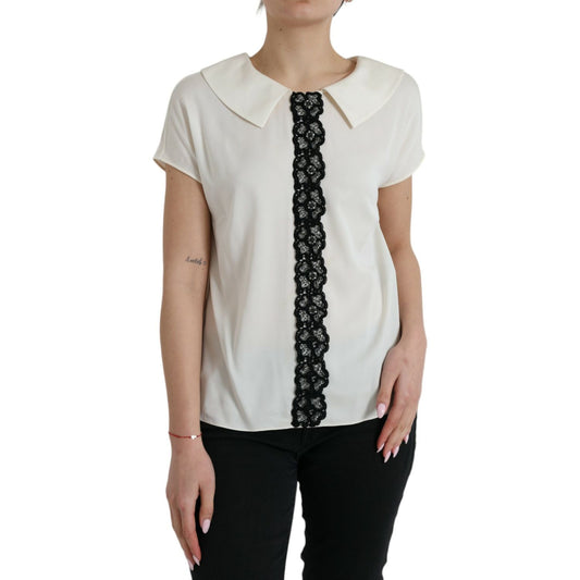 Dolce & Gabbana Off White Silk Lace Trim Short Sleeves Top