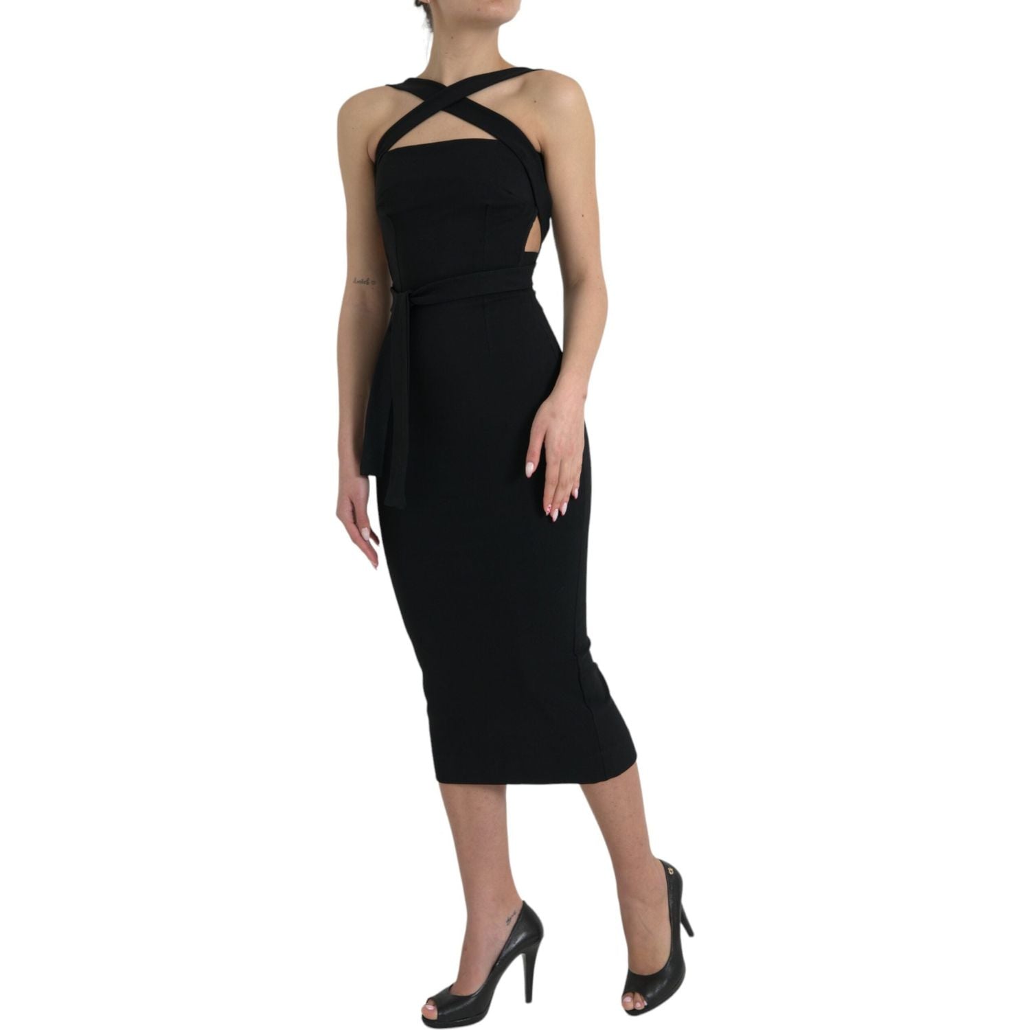 Dolce & Gabbana Black Sheath Halter Sleeveless Midi Dress