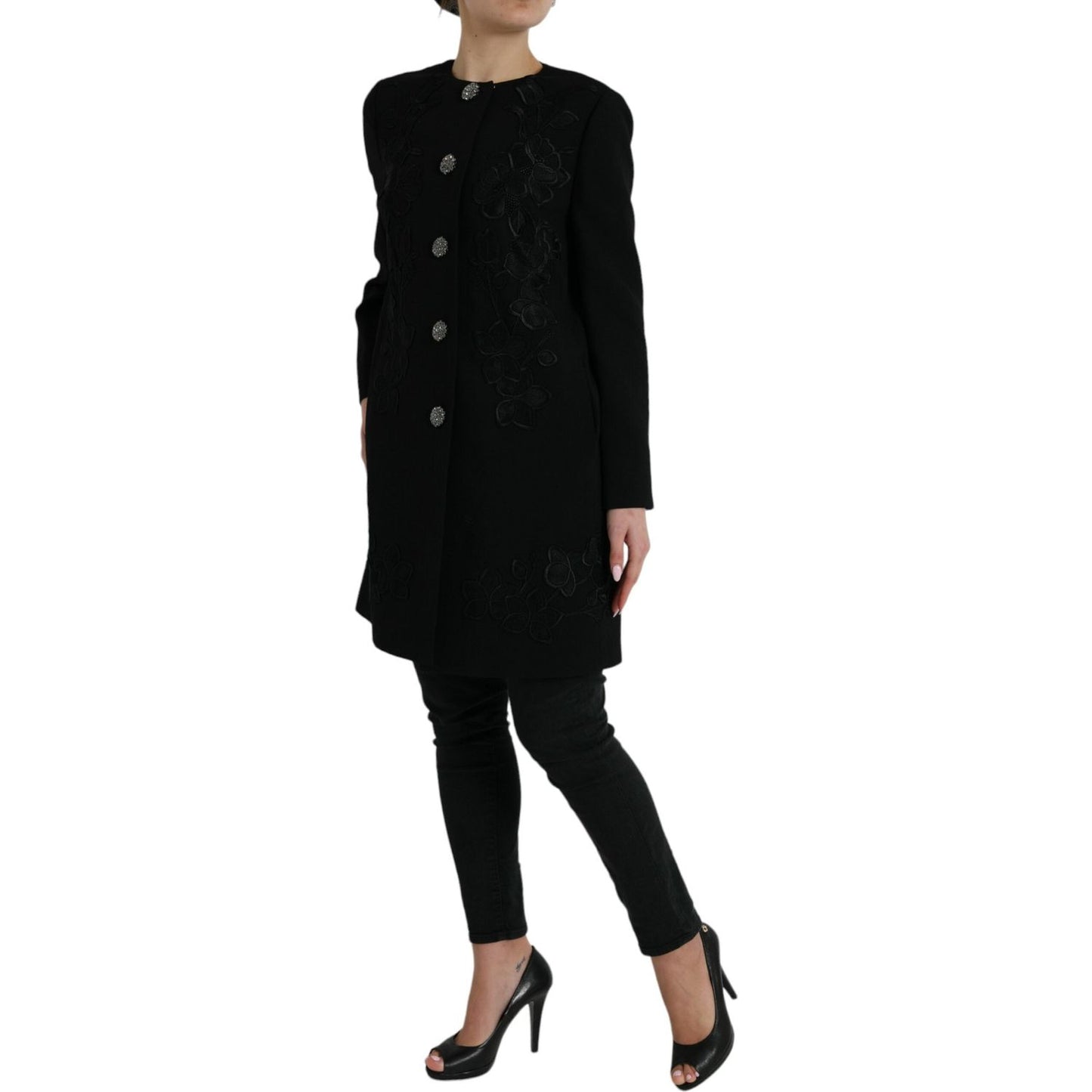 Dolce & Gabbana Black Floral Wool Button Embellished Jacket Dolce & Gabbana