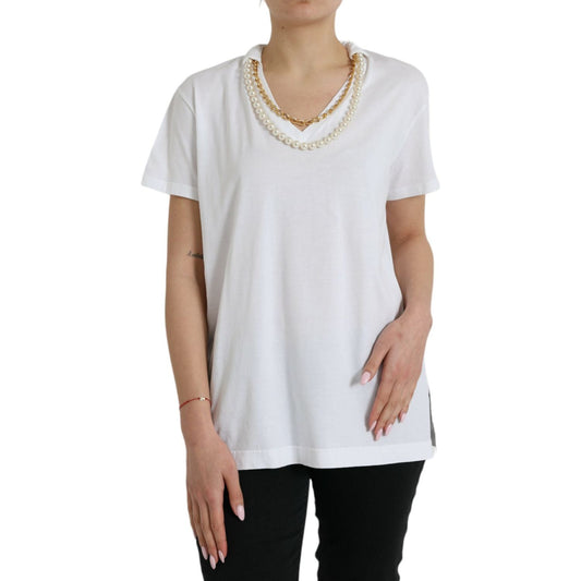 Dolce & Gabbana Elegant White Cotton Tee with Necklace Detail Dolce & Gabbana