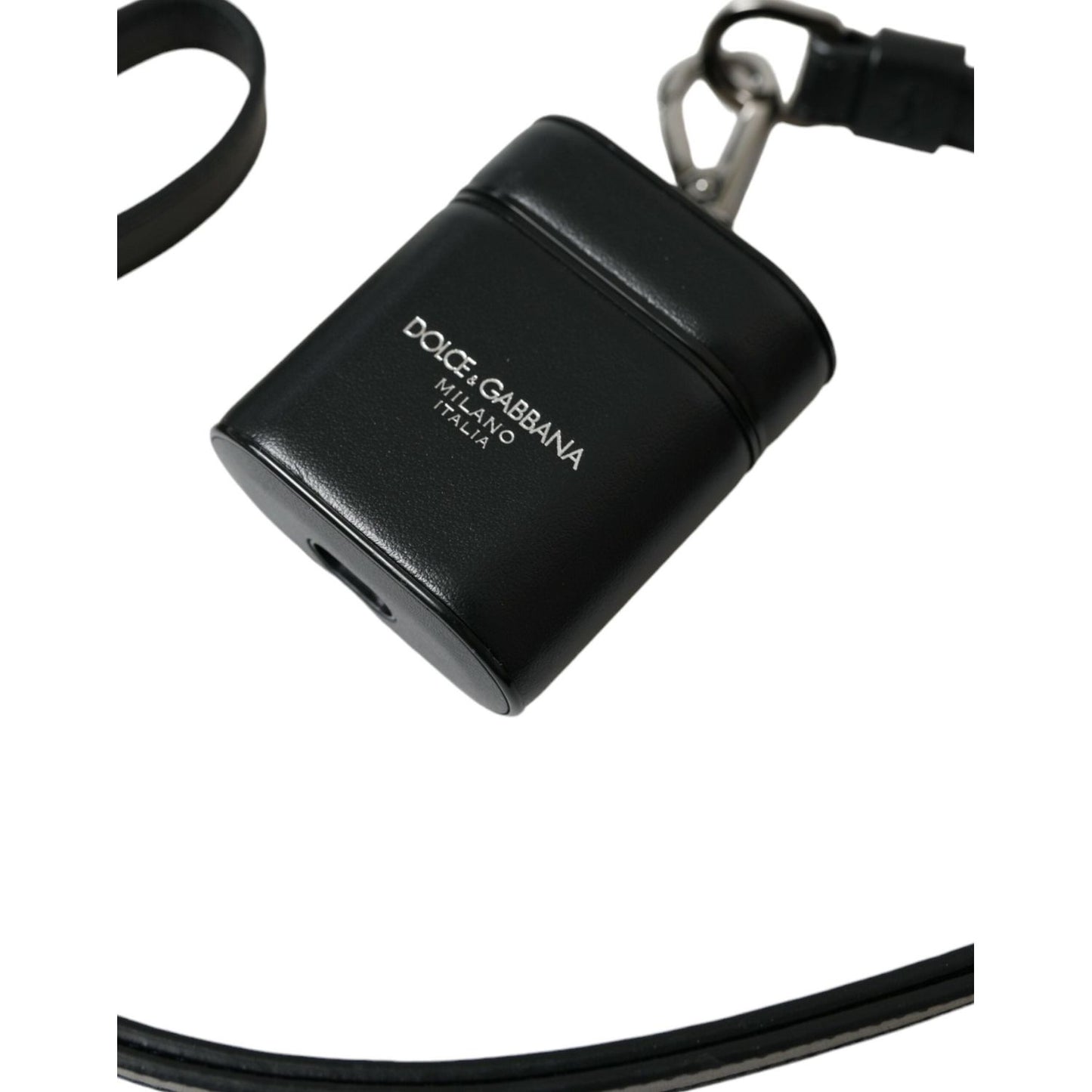Dolce & Gabbana Black Leather Strap Silver Metal Logo Printed Airpods Case