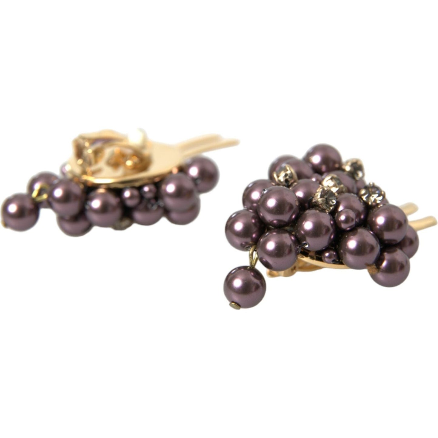 Dolce & Gabbana Purple Grape Pearl Sicily Gold Brass Floral Clip On Earrings Earrings Dolce & Gabbana