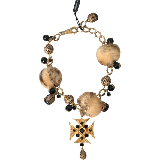 Dolce & Gabbana Gold Black Crystals Lapin Fur Filigree Chocker Necklace Necklace Dolce & Gabbana