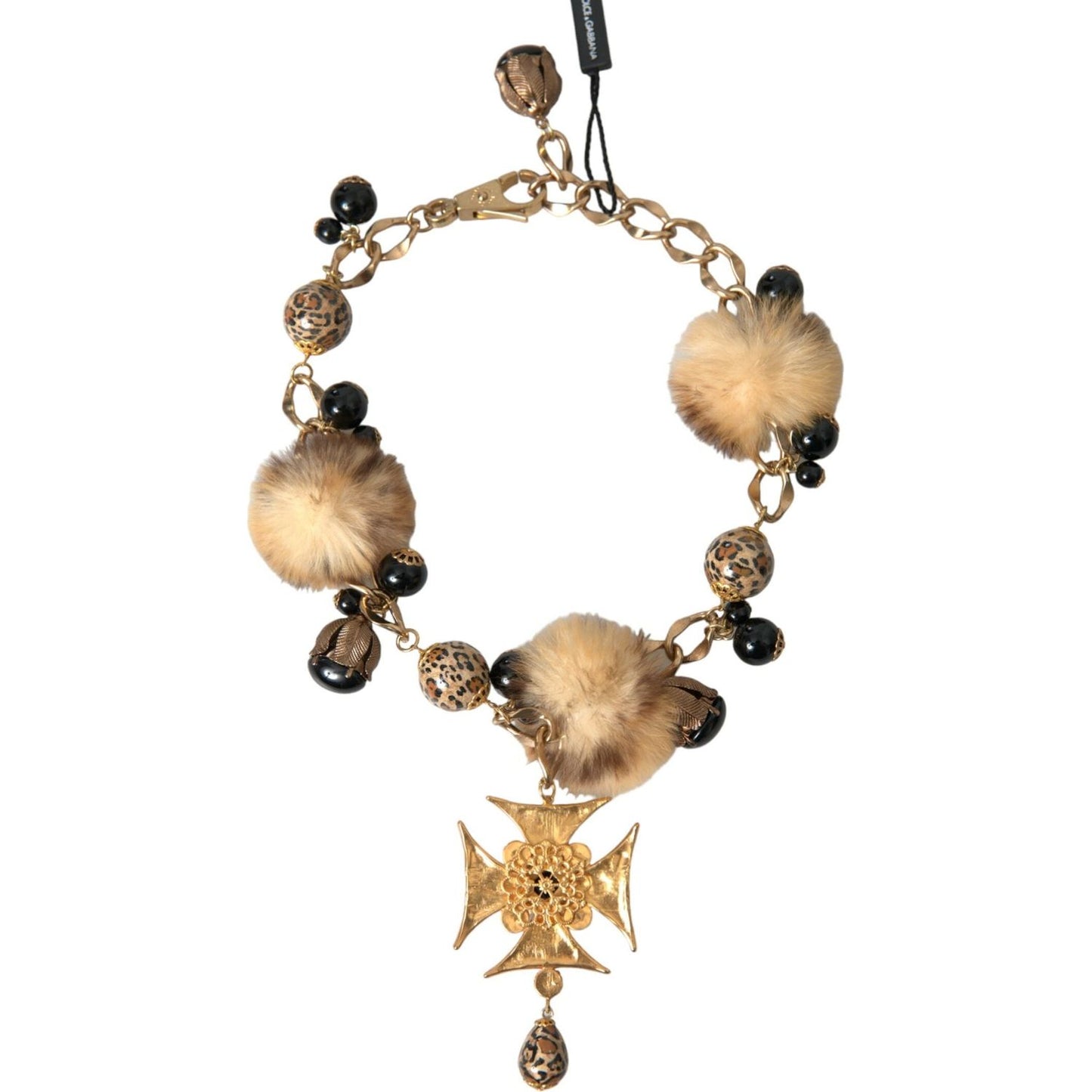 Dolce & Gabbana Gold Black Crystals Lapin Fur Filigree Chocker Necklace Necklace Dolce & Gabbana