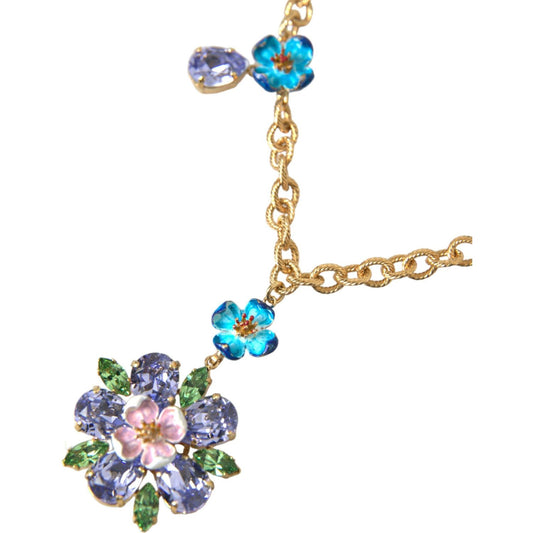 Dolce & Gabbana Gold Brass Chain Crystal Floral Pendant Charm Necklace Necklace Dolce & Gabbana