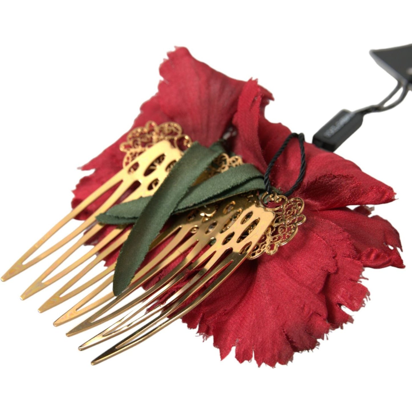 Dolce & Gabbana Red Silk Floral Gold Brass Women Hair Comb Dolce & Gabbana