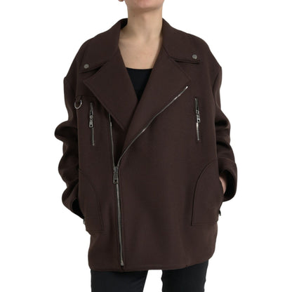 Dolce & Gabbana Brown Coat Short Biker Wool Jacket 1728,67345645728,Biker Jackets - Jackets & Coats - Clothing,Brown,Clothing,Dolce & Gabbana,IT40 | M,Jackets & Coats - Clothing,Jackets & Coats - Women - Clothing,Material: 100% Wool,New with tags,Women