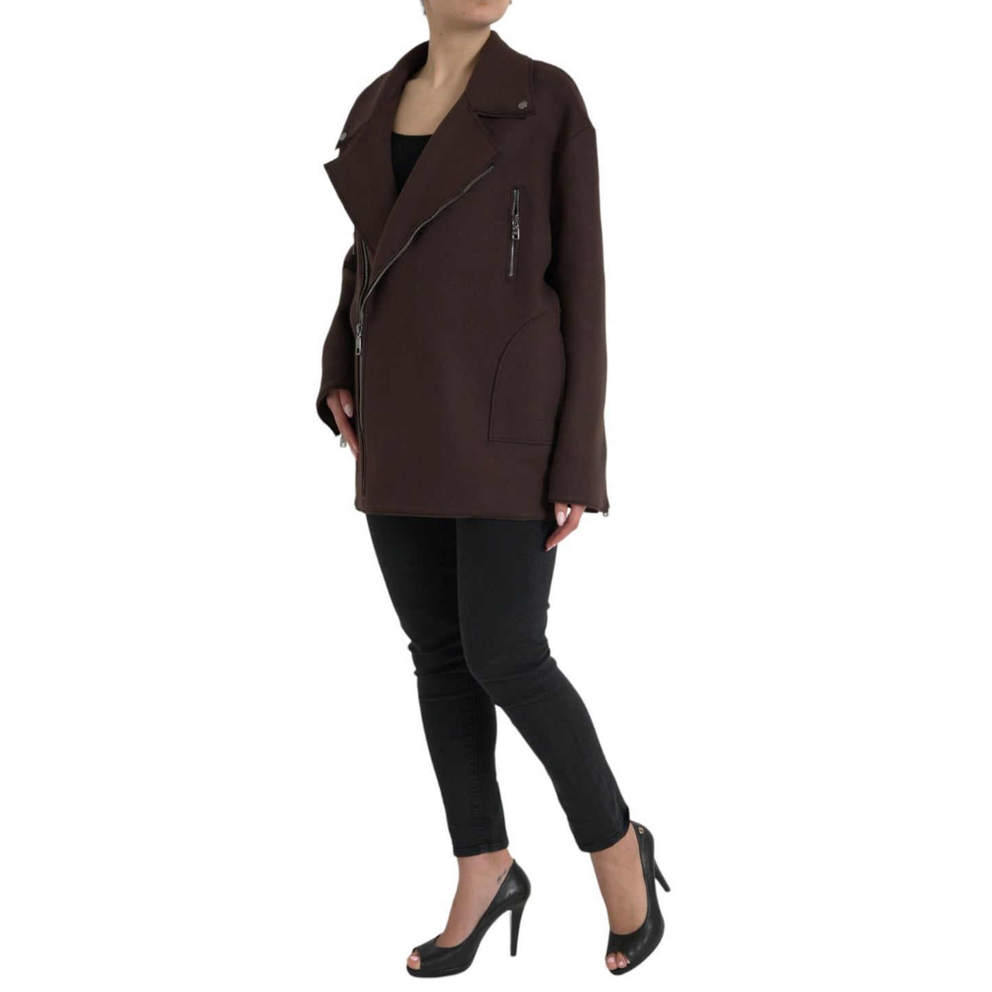 Dolce & Gabbana Brown Coat Short Biker Wool Jacket 1728,67345645728,Biker Jackets - Jackets & Coats - Clothing,Brown,Clothing,Dolce & Gabbana,IT40 | M,Jackets & Coats - Clothing,Jackets & Coats - Women - Clothing,Material: 100% Wool,New with tags,Women