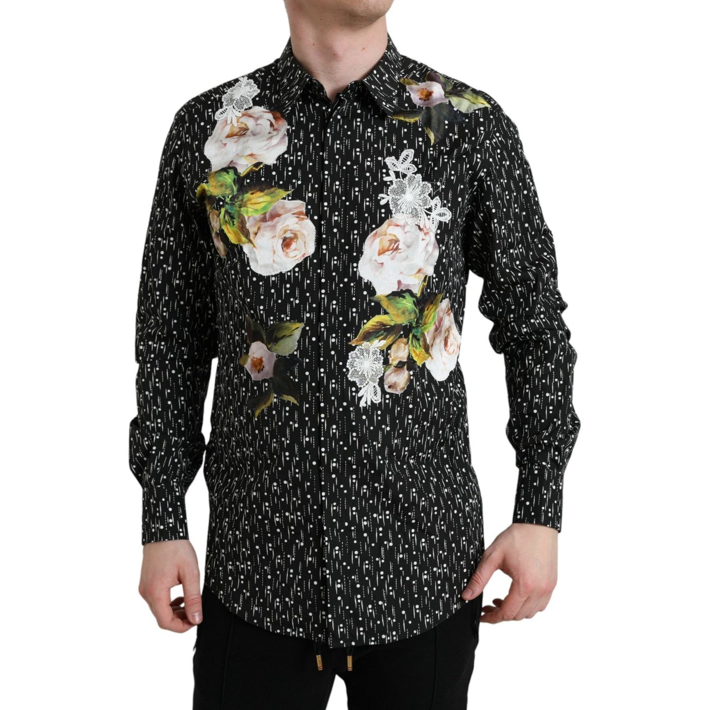 Dolce & Gabbana Black Floral Men Formal Dress GOLD Shirt Dolce & Gabbana