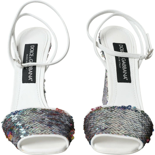 Dolce & Gabbana White Silver Sequin Ankle Strap Sandals Shoes Dolce & Gabbana