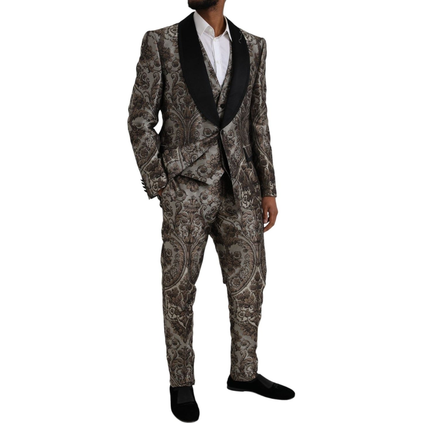 Dolce & Gabbana Brown Floral Jacquard Formal 3 Piece Suit Dolce & Gabbana