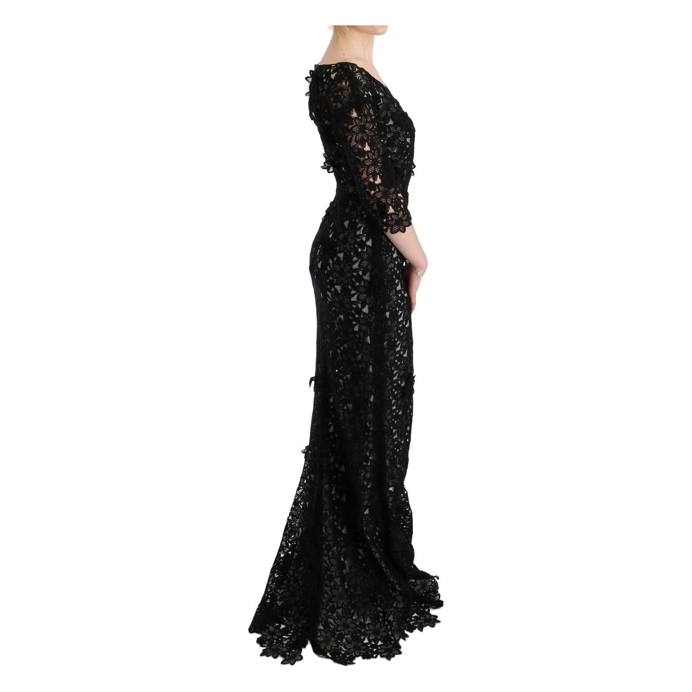 Dolce & Gabbana Elegant Black Maxi Shift Dress with Floral Applique Dresses Dolce & Gabbana