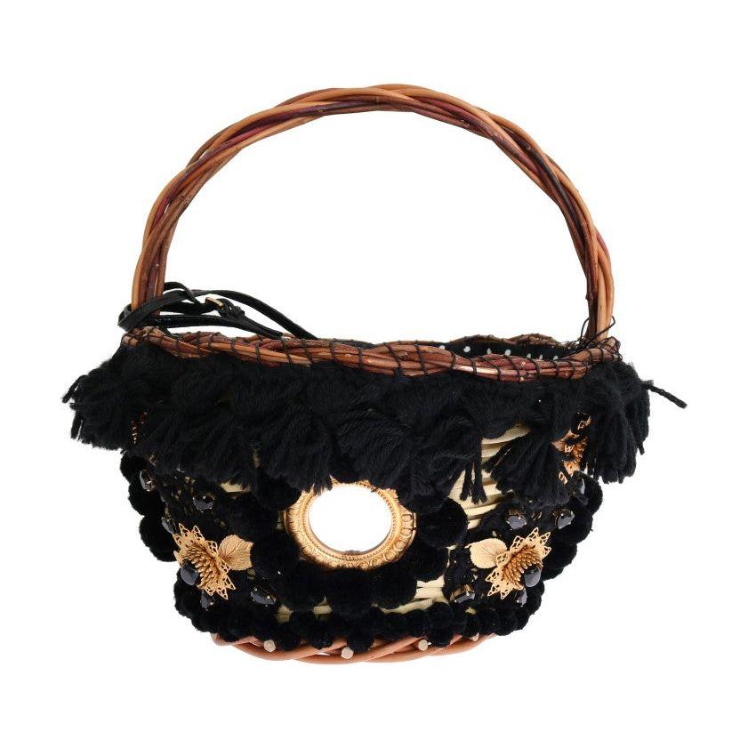 Dolce & Gabbana Beige Straw Snakeskin Pom Pom Crystal AGNESE Bag Dolce & Gabbana