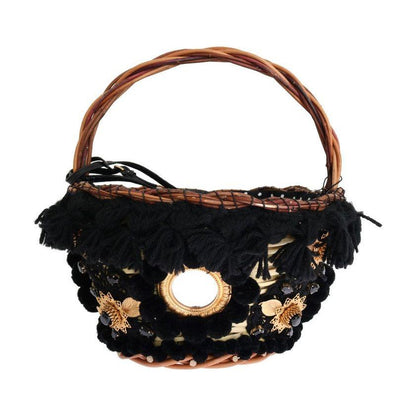 Dolce & Gabbana Beige Straw Snakeskin Pom Pom Crystal AGNESE Bag Dolce & Gabbana