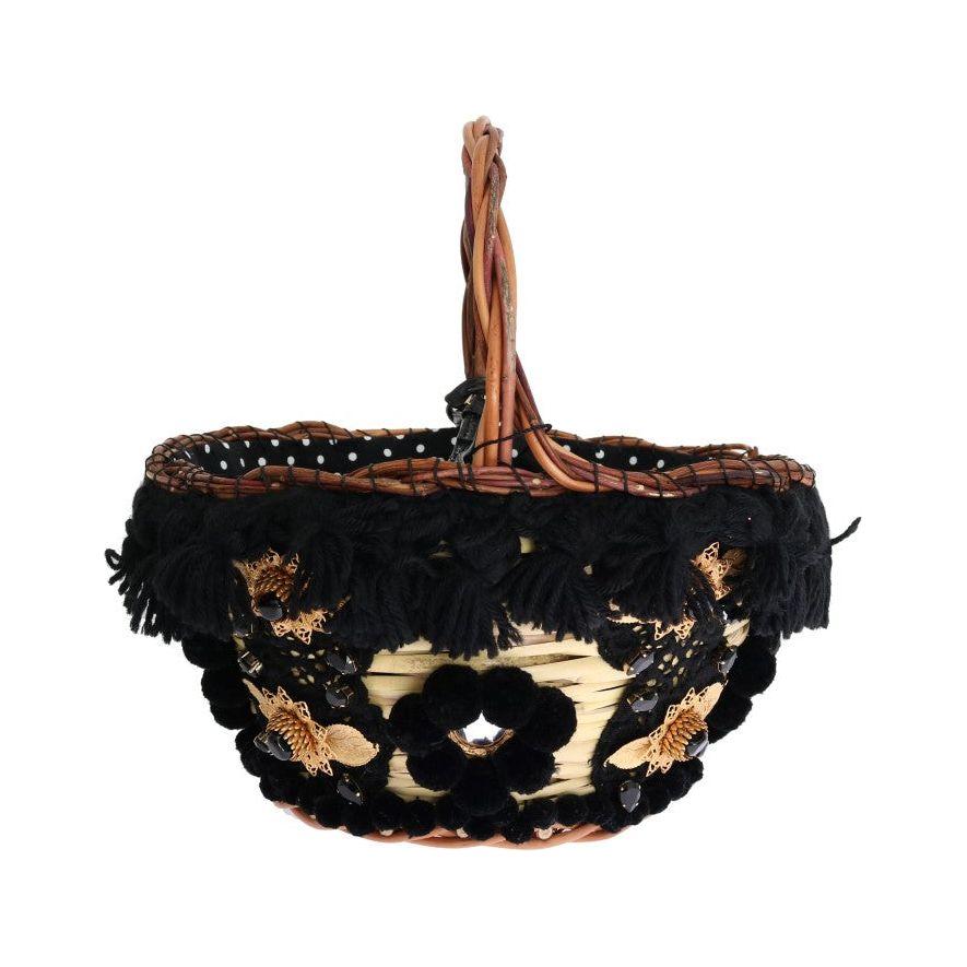 Dolce & Gabbana Beige Straw Snakeskin Pom Pom Crystal AGNESE Bag Dolce & Gabbana