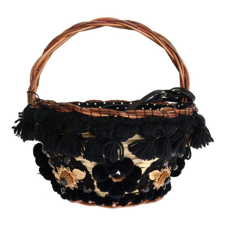 Dolce & Gabbana Beige Straw Snakeskin Pom Pom Crystal AGNESE Bag Dolce & Gabbana
