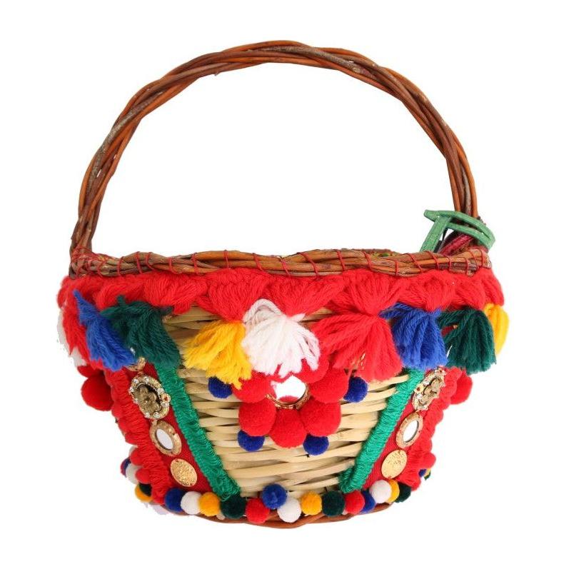 Dolce & Gabbana Multicolor AGNESE Straw Crystal Pom Pom Bag Dolce & Gabbana