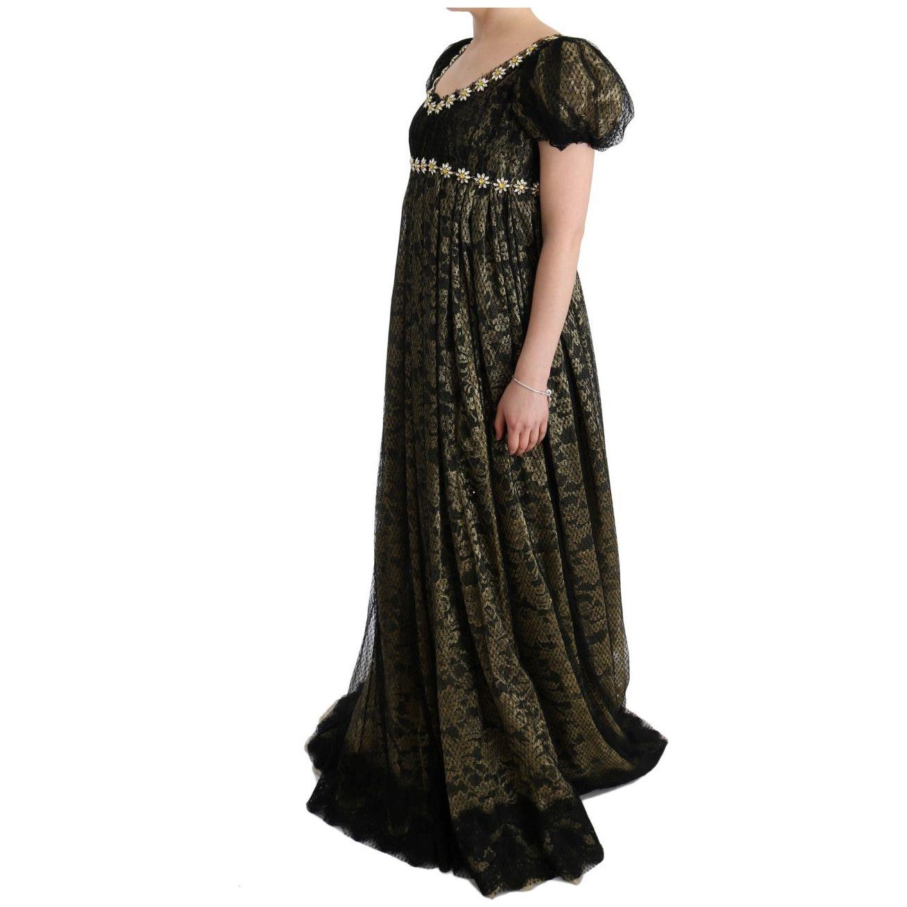 向日葵蕾丝水晶长款直筒连衣裙