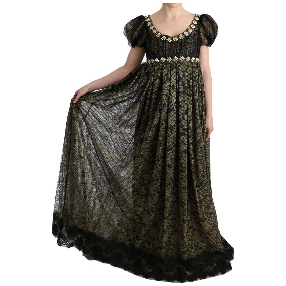 Dolce & Gabbana Black Yellow Crystal Lace Shift Dress