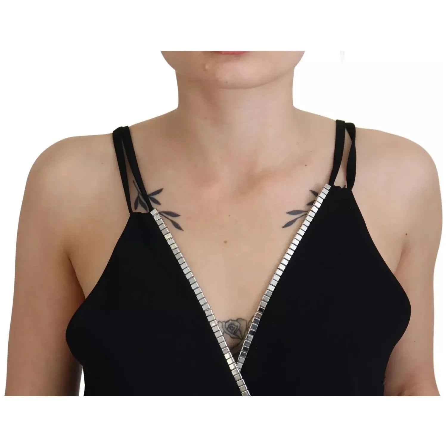 黑色缀饰无袖 V 领连身连衣裙