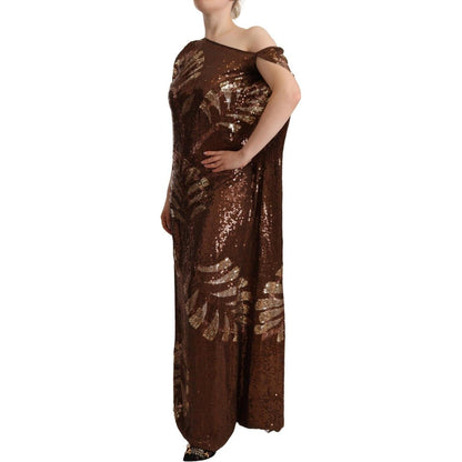 Dsquared² Brown Leaf Sequined Shift One Shoulder Long Dress Dsquared²