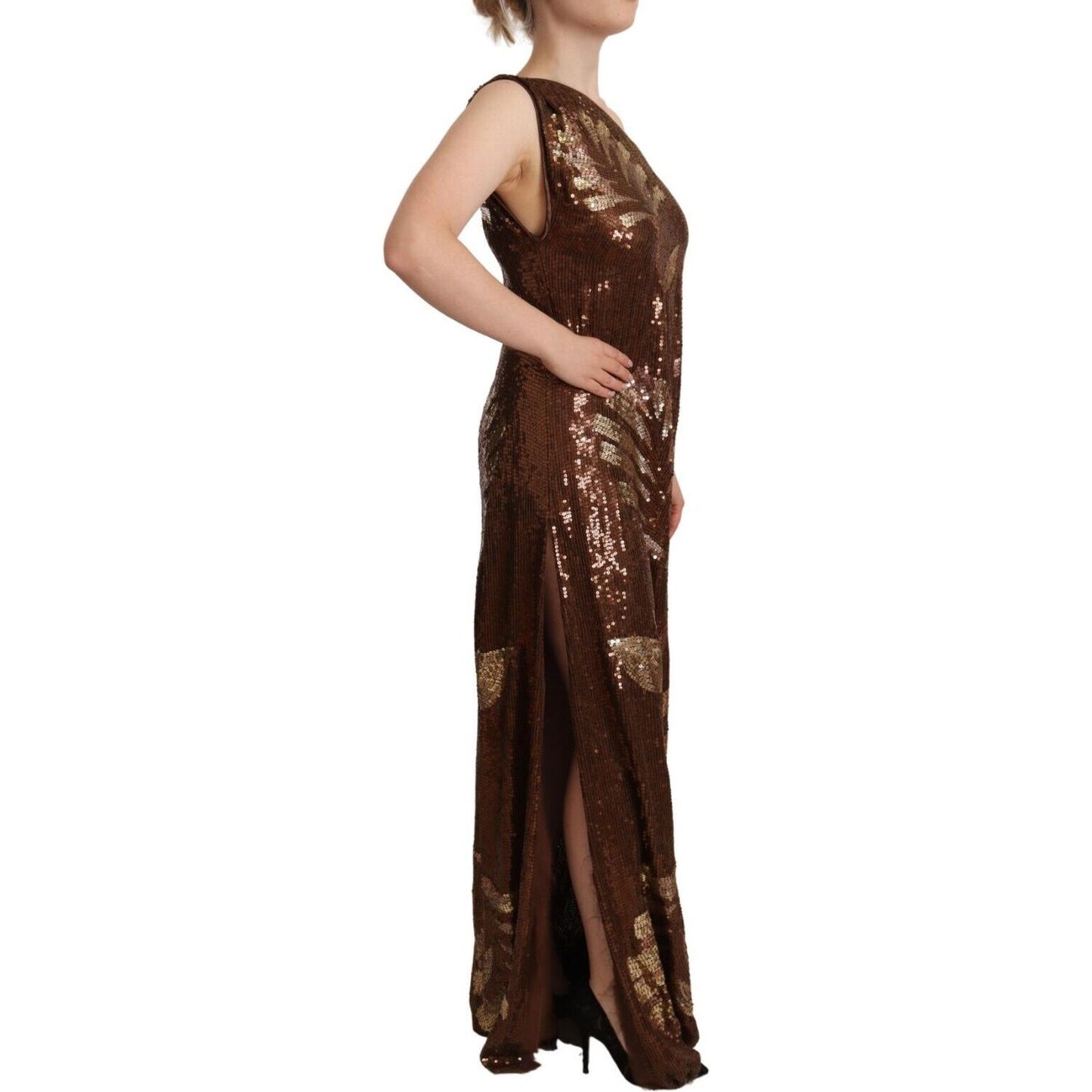 Dsquared² Brown Leaf Sequined Shift One Shoulder Long Dress Dsquared²