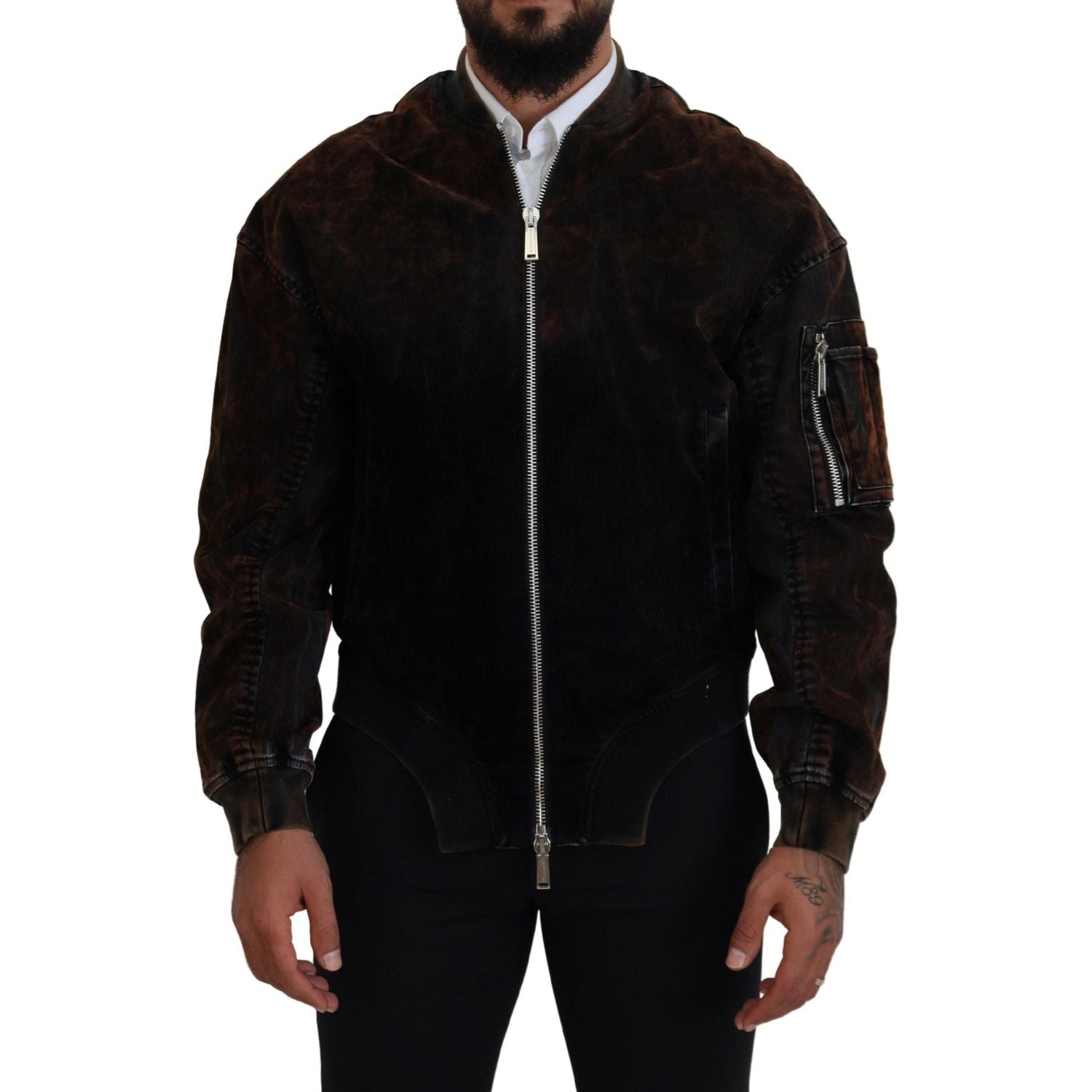 棕色棉质飞行员拉链口袋袖夹克