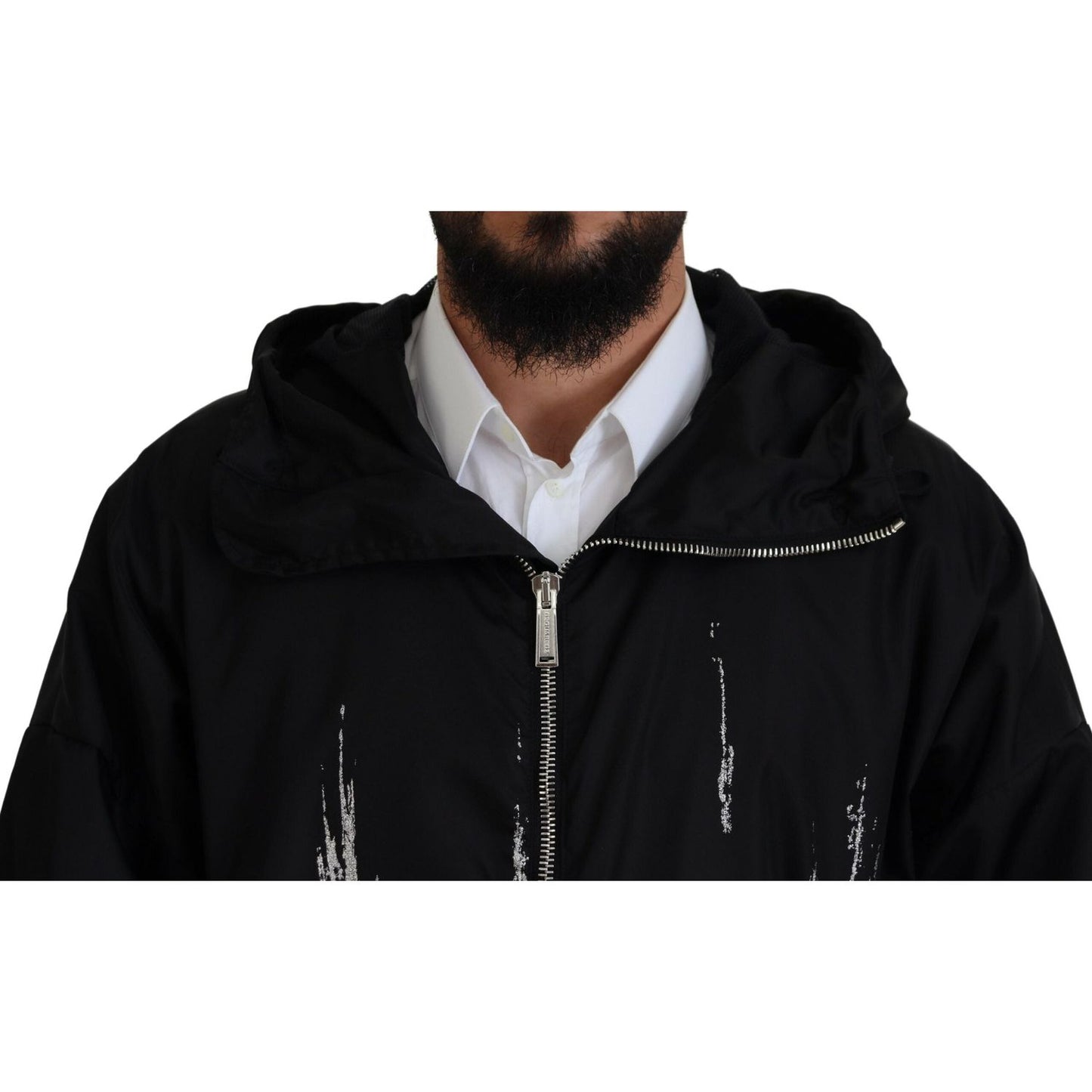 Dsquared² Black White Print Long Hooded Coat Nylon Jacket Dsquared²